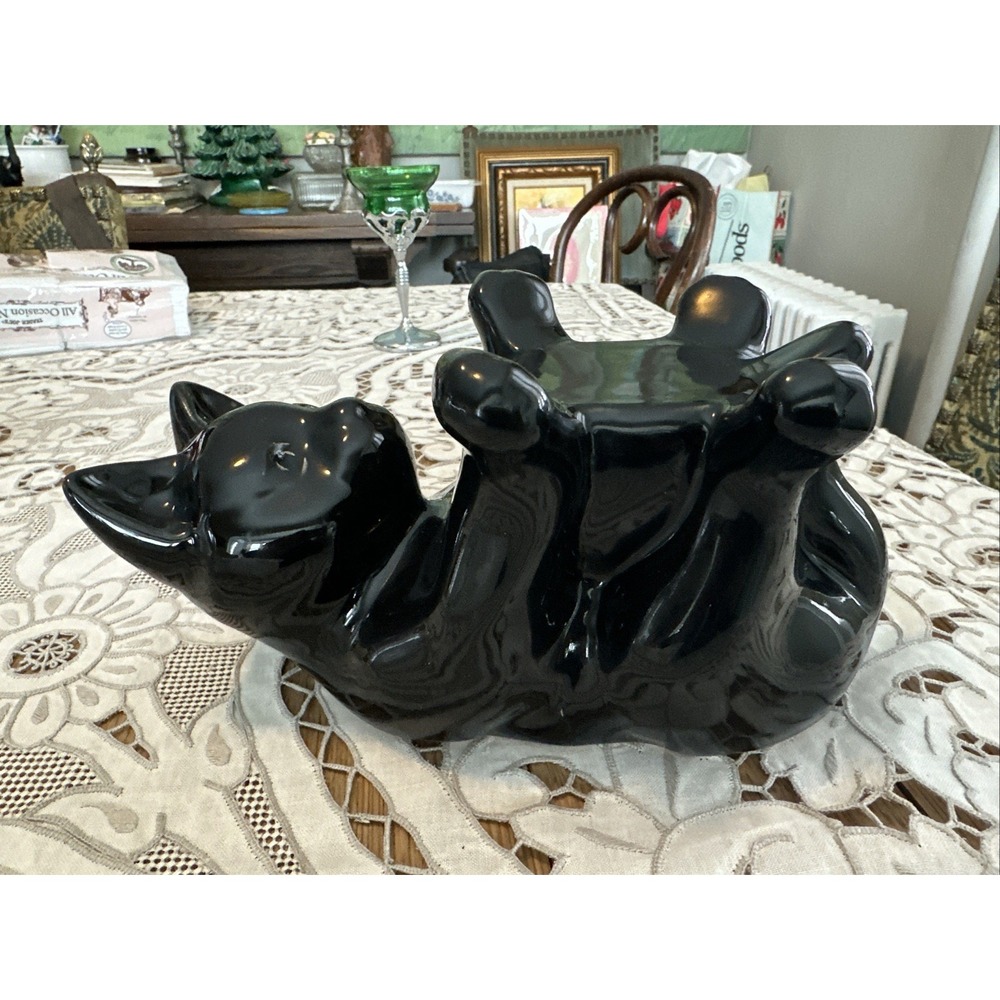 Vintage Royal Haeger Pottery, Black Cat On Back, Paws Up, For Fish Bowl